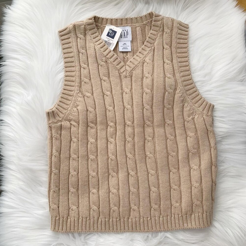 NWT Vintage Baby Gap - Tan cable knit cotton V-neck sleeveless sweater vest, 3XL